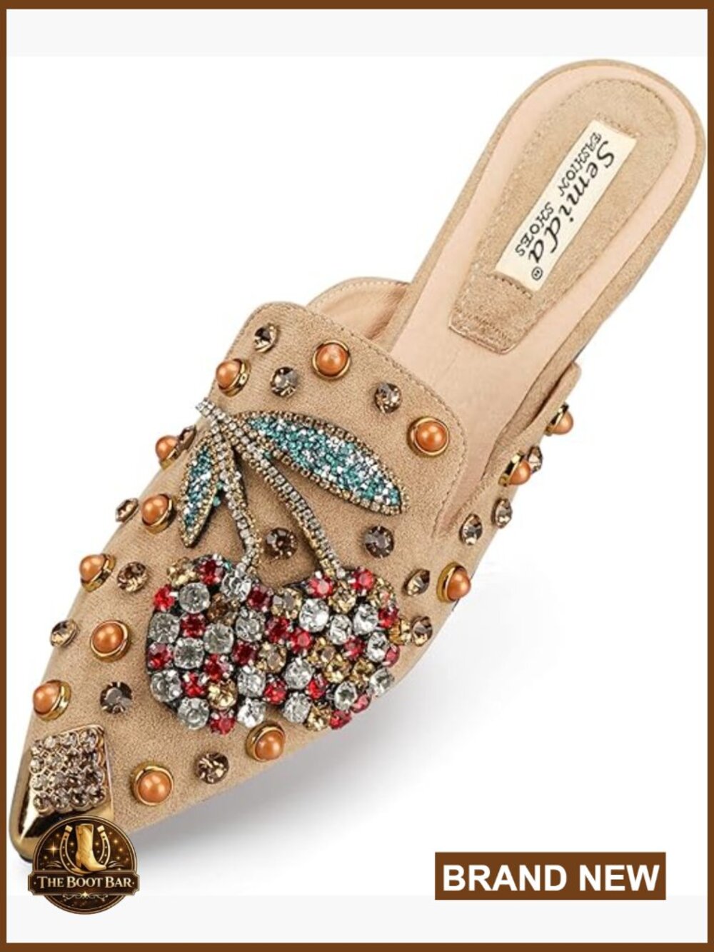 Women's Pointed Toe Mules with Memory Foam Insole, Rhinestone Rivet Flats